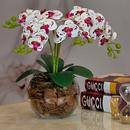 ARRANJO ORQUIDEA ARTIFICIAL 3D 4 HASTES VASO VIDRO INCOLOR