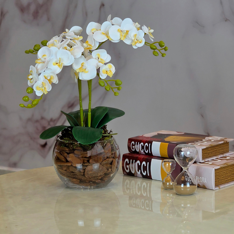ARRANJO ORQUIDEA ARTIFICIAL 3D 4 HASTES VASO VIDRO INCOLOR