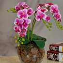 ARRANJO ORQUIDEA ARTIFICIAL 3D 4 HASTES VASO VIDRO INCOLOR