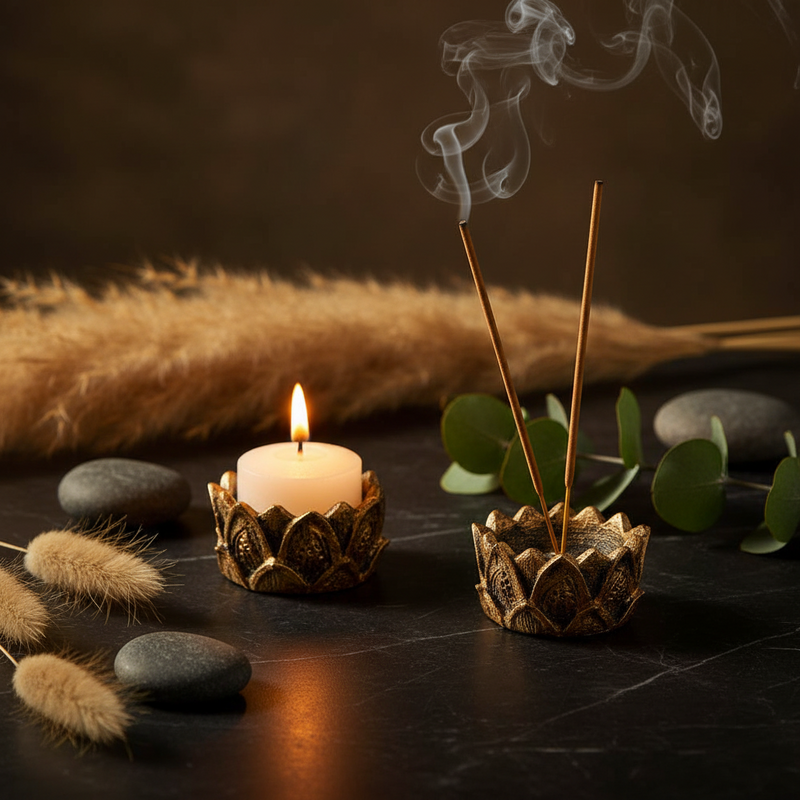 Kit Incensário + Castiçal Flor de Lótus em Resina | Decoração Zen | Jurno Living